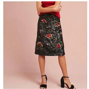 Anthropologie Sequin Floral Skirt 2 Black  A-Line Sparkly Cocktail Knee Length